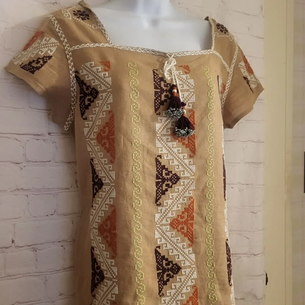 New Calypso St Barth Brown 100% Linen Tunic Dress w/Embroidery Sz.XS MSRP $285